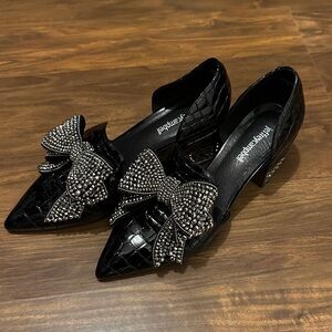 Jeffrey Campbell Valenti Black Croc-Embossed Flats with Studded Bow
